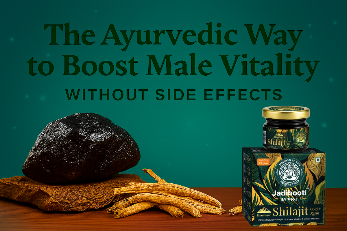 “Ayurvedic herbs like Shilajit, Ashwagandha, and Safed Musli arranged on a golden background with text highlighting male vitality benefits.”